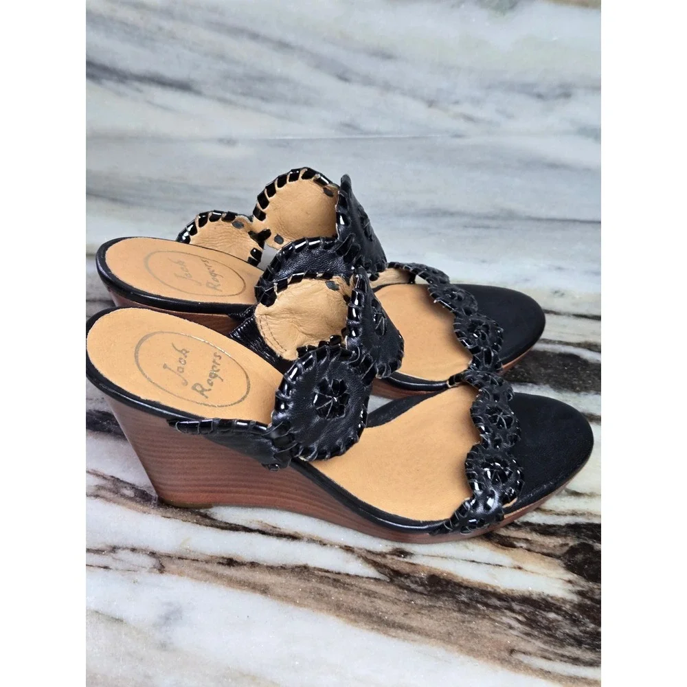 Jack‎ Rogers Womens Black Leather Whipstitched Rondelle Wedge Sandals Size 6M